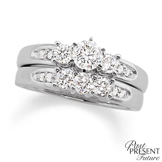 1-1/2 CT. T.w. Diamond Three Stone Bridal Set In 14K White Gold