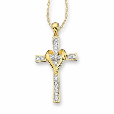 14k Solid Gold Heart Cross Charm Pendant Necklace