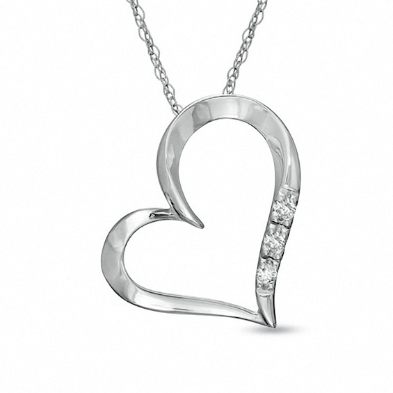 Diamond Accent Three Stone Tilted Heart Pendant in 10K White Gold
