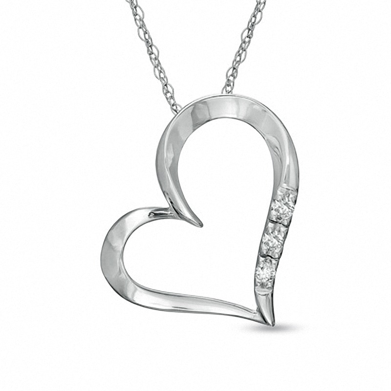 Main Image 1 of Diamond Accent Three Stone Tilted Heart Pendant in 10K White Gold