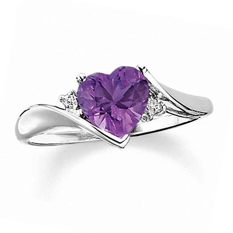 Main Image 1 of Heart-Shaped Amethyst Ring in 10K White Gold with Diamond Accents