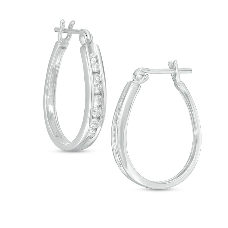 Main Image 1 of 1/2 CT. T.W. Diamond Channel Oval Hoop Earrings in 14K White Gold