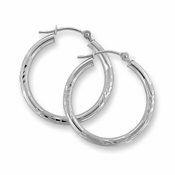 14K White Gold Diamond-Cut Hoop Earrings