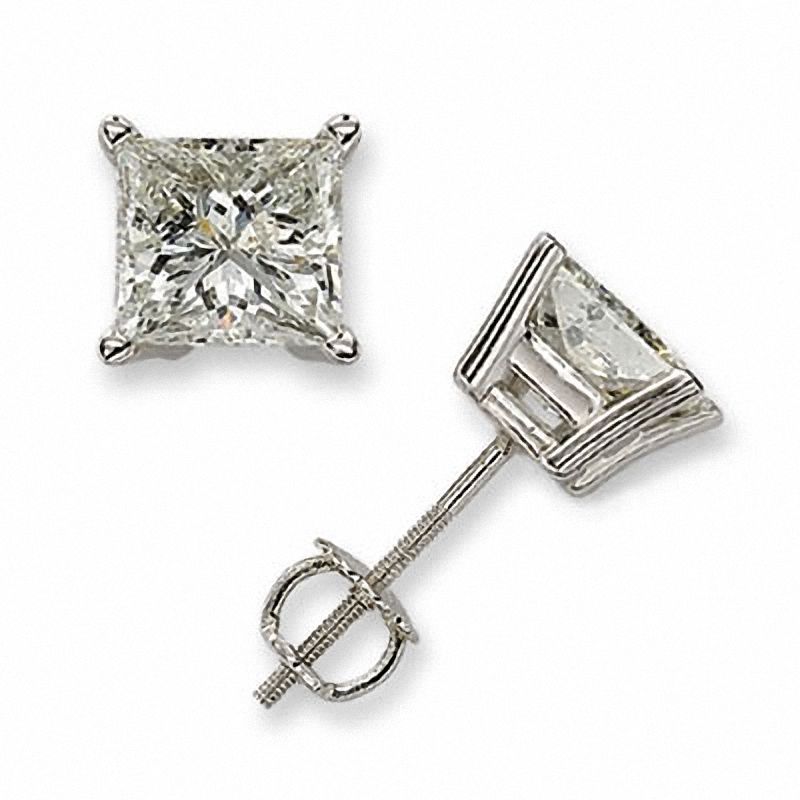 1 CT. T.W. Princess Cut Colorless Diamond Solitaire Stud Earrings in 18K White Gold