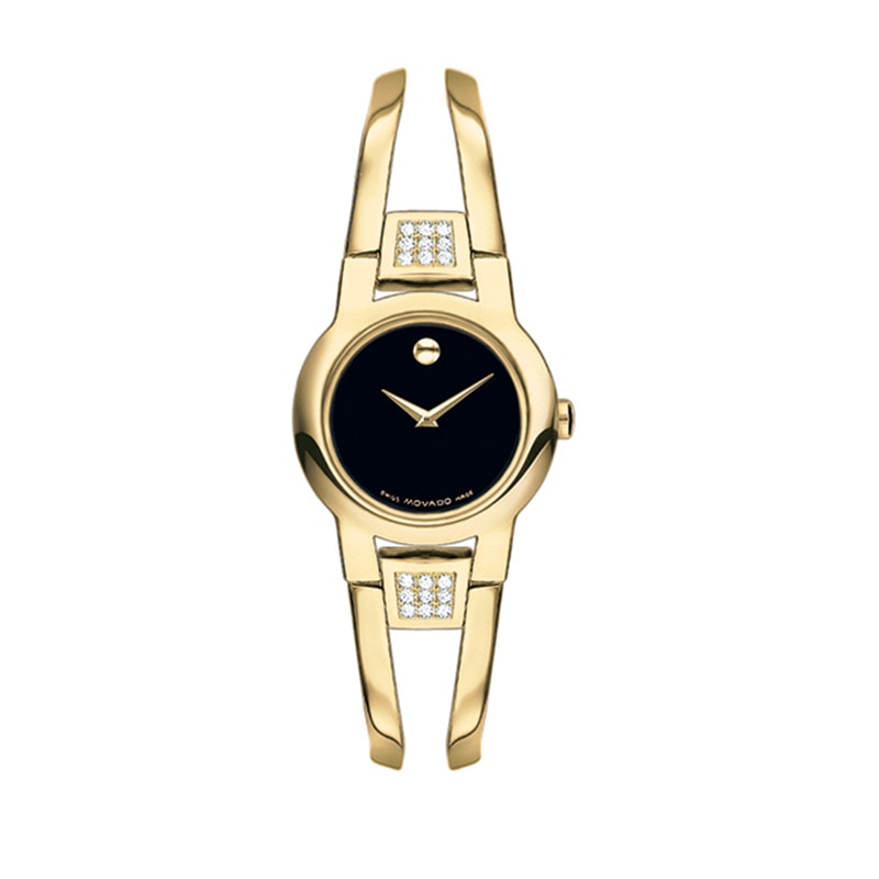 Ladies' Movado Amorosa® Diamond Accent Gold-Tone PVD Bangle Watch with Black Dial (Model: 0604984)