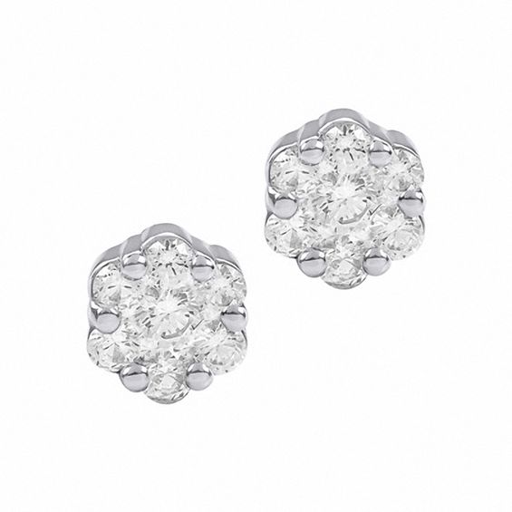 1/2 CT. T.w. Diamond Cluster Flower Stud Earrings in 14K White Gold