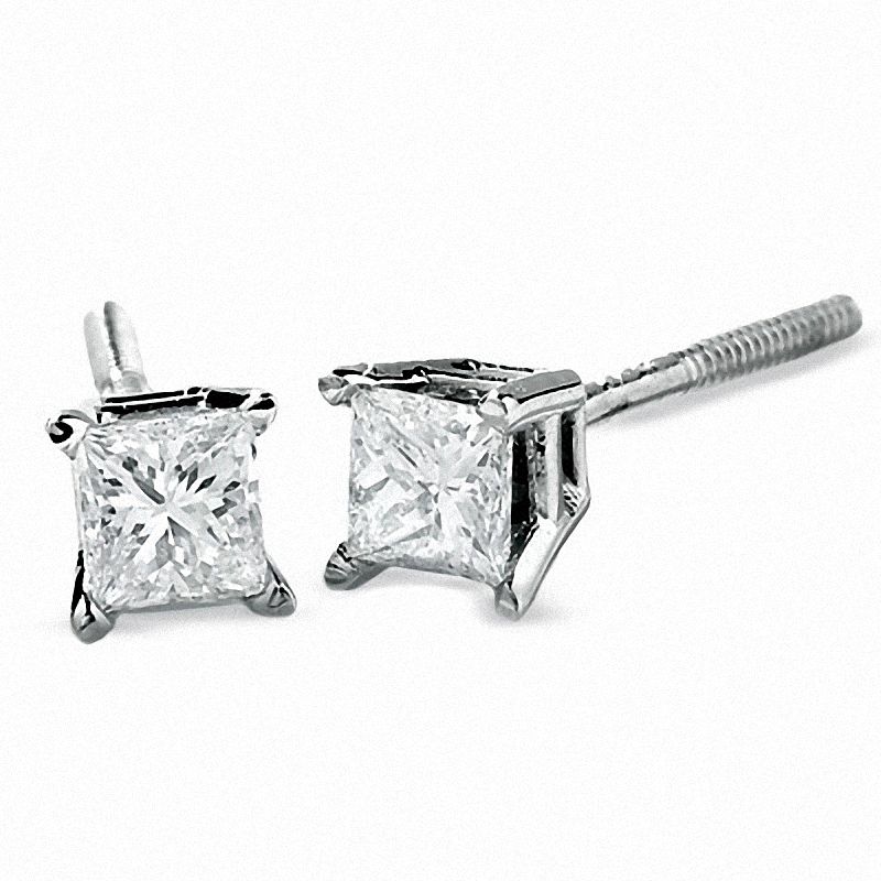 Main Image 1 of 1/3 CT. T.W. Princess-Cut Diamond Solitaire Earrings in 14K White Gold