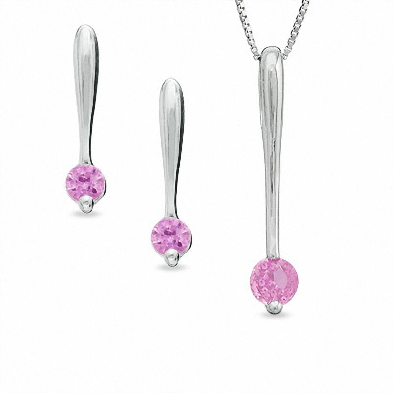 Pink Sapphire Stick Pendant and Earrings Set in 14K White Gold