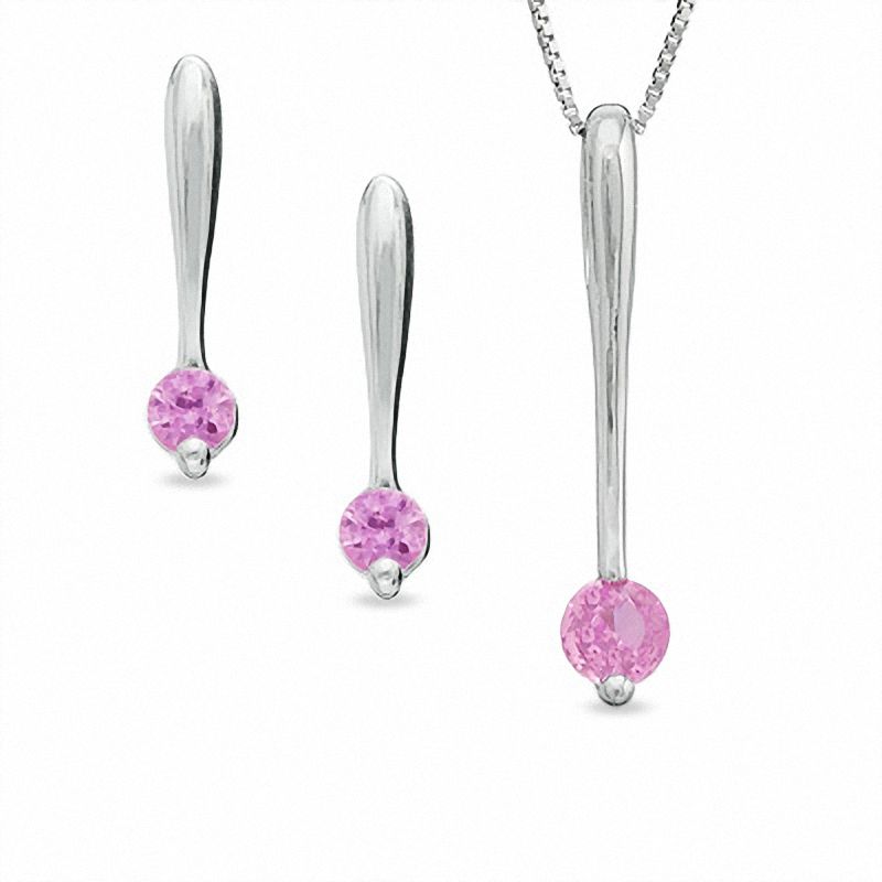 Main Image 1 of Pink Sapphire Stick Pendant and Earrings Set in 14K White Gold
