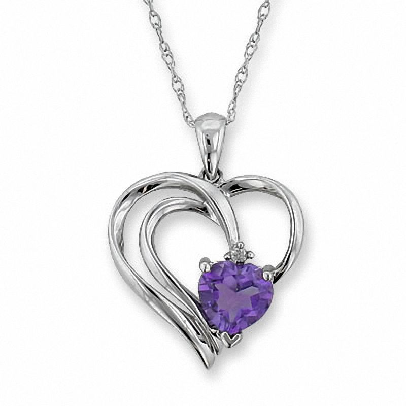 Main Image 1 of Heart-Shaped Amethyst Pendant in 10K White Gold with a Diamond Accent