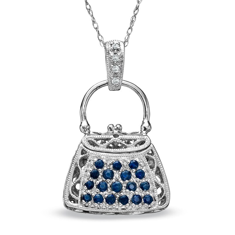 Main Image 1 of Sapphire and Diamond Accent Purse Pendant in 10K White Gold