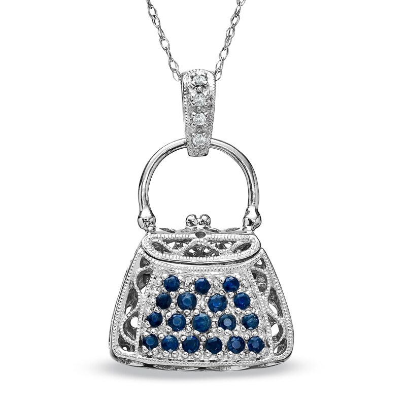 Sapphire and Diamond Accent Purse Pendant in 10K White Gold