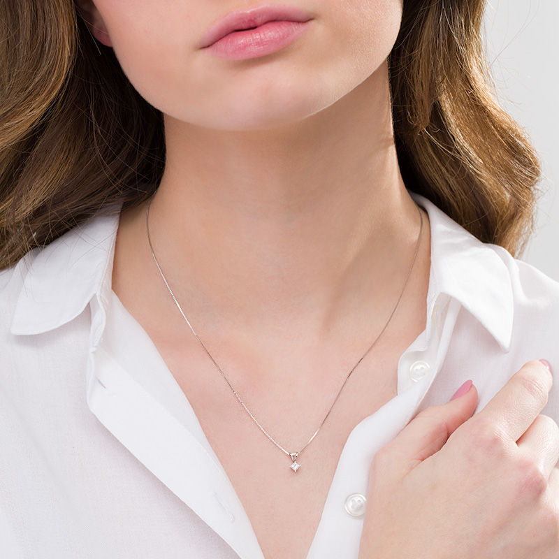 Main Image 2 of 1/6 CT. Princess-Cut Diamond Solitaire Pendant in 14K White Gold (J/I3)