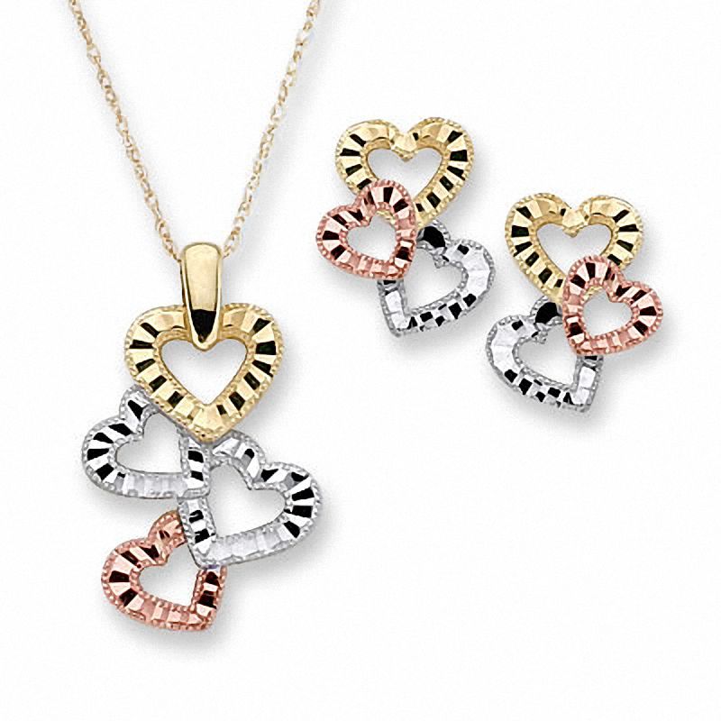 Main Image 1 of Heart Pendant and Earring Set in Tri-Color 10K Gold