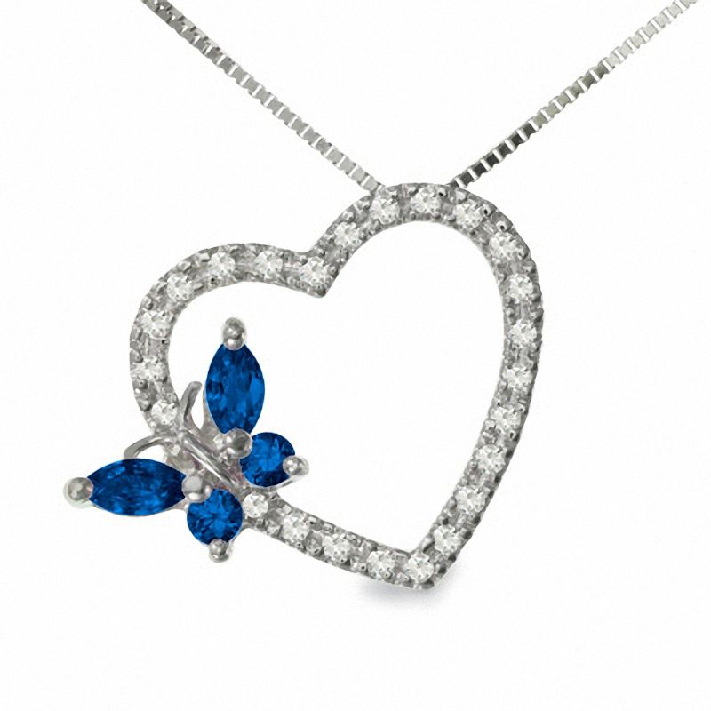 Blue Sapphire and 1/8 CT. T.W. Diamond Butterfly Heart Pendant in 10K White Gold