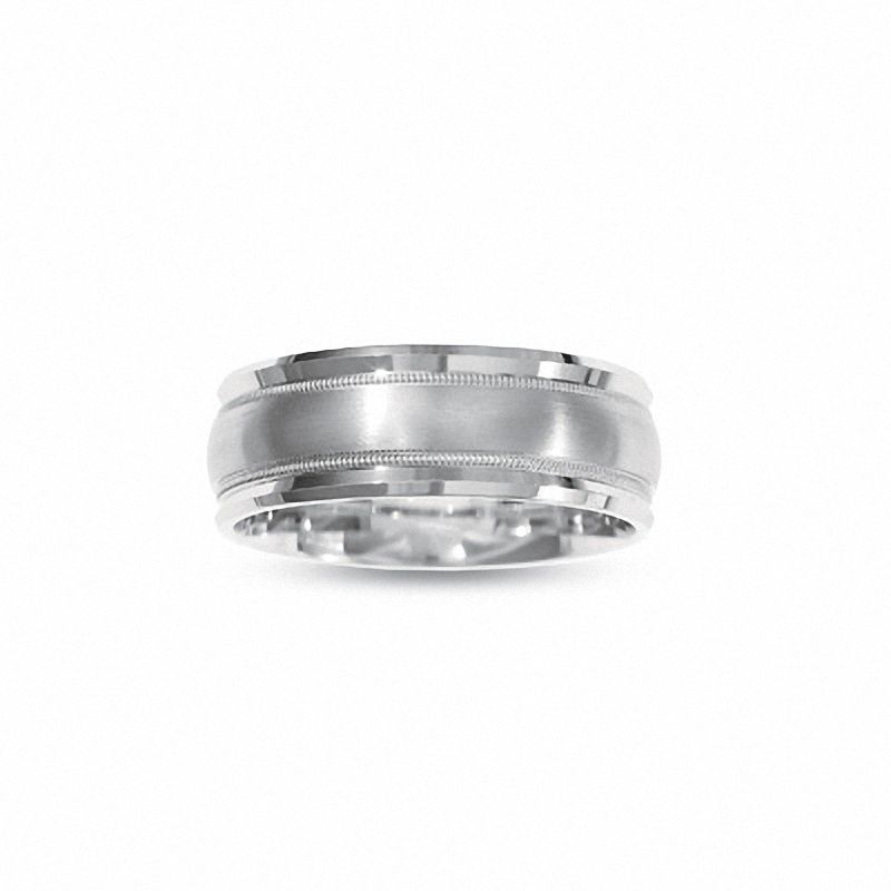 Main Image 1 of 8.0mm Comfort-Fit Satin and Milgrain-Edge Wedding Band in 14K White Gold - Size 10.5