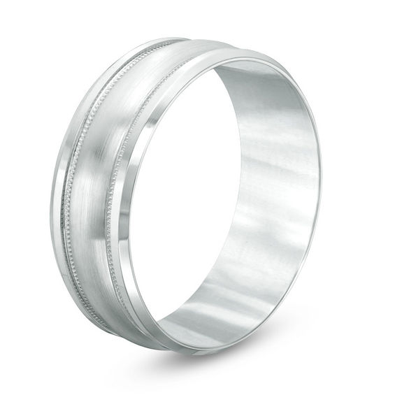 8.0mm Comfort-Fit Satin and Milgrain-Edge Wedding Band in 14K White Gold - Size 10.5