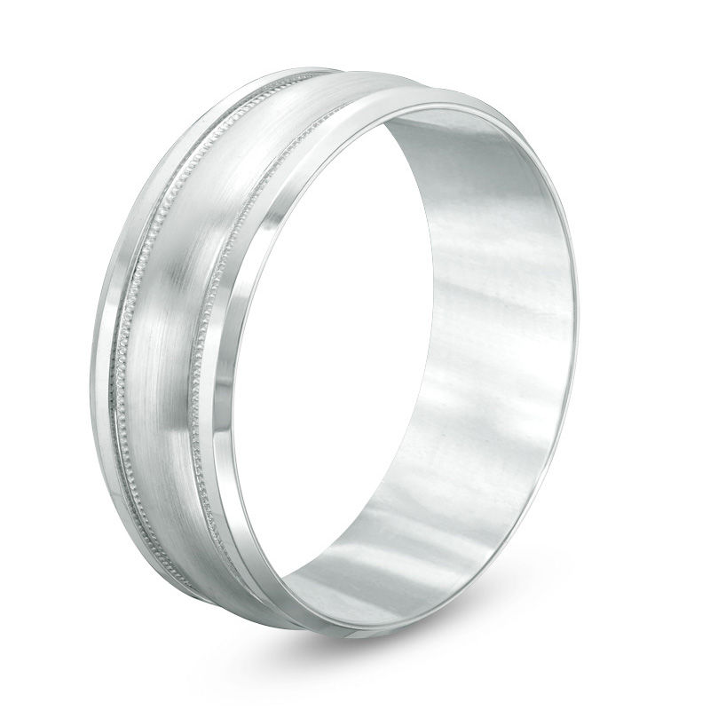 Men's 8.0mm Comfort-Fit Satin and Milgrain-Edge Wedding Band in 14K White Gold - Size 10.5