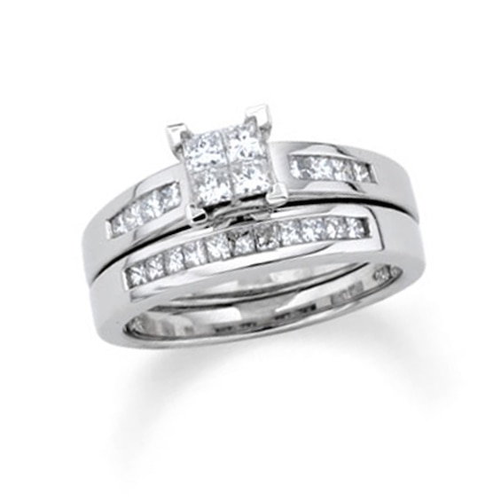 1-1/2 CT. T.w. Quad Princess-Cut Diamond Bridal Set in 14K White Gold