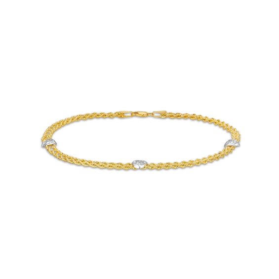 10K Two-Tone Gold Diamond-Cut Double Rope Heart Anklet - 9.5"