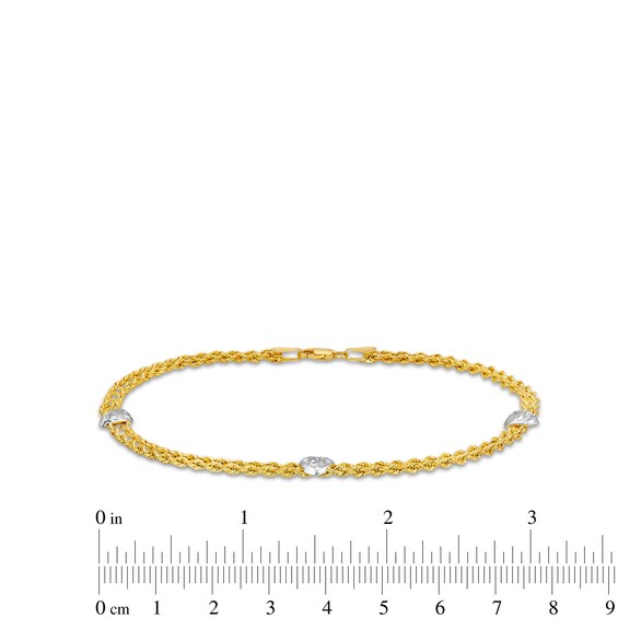 10K Two-Tone Gold Diamond-Cut Double Rope Heart Anklet - 9.5"