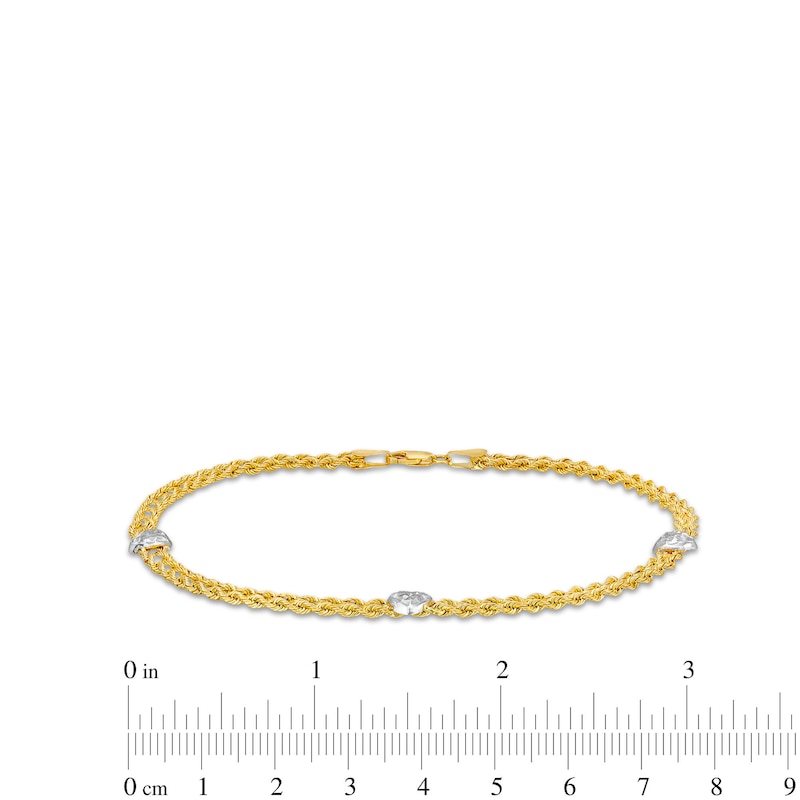 Main Image 3 of 10K Two-Tone Gold Diamond-Cut Double Rope Heart Anklet - 9.5"