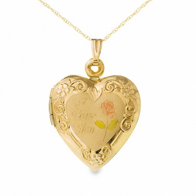 Main Image 1 of 10K Gold Double Heart and Pink Rose Locket