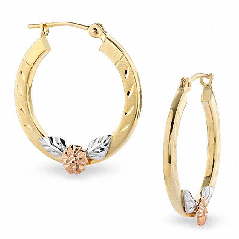 Main Image 1 of 14K Tri-Tone Gold Hoop Earrings with Pink Flower Accent
