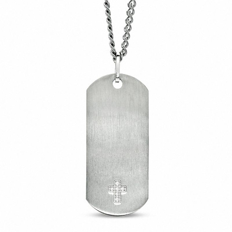 Men's Stainless Steel Dog Tag Pendant on a Bead Chain with Diamond Accent Cross