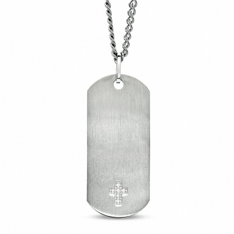 Main Image 1 of Men's Stainless Steel Dog Tag Pendant on a Bead Chain with Diamond Accent Cross