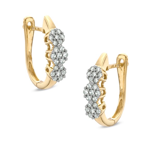 1/4 CT. T.w. Diamond Three Stone Cluster Hoop Earrings In 10K Gold