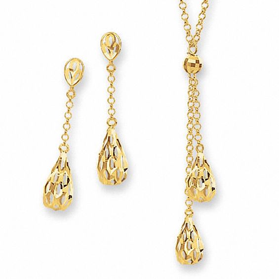 10K Gold Teardrop Necklace and Earrings Boxed Set - 17"