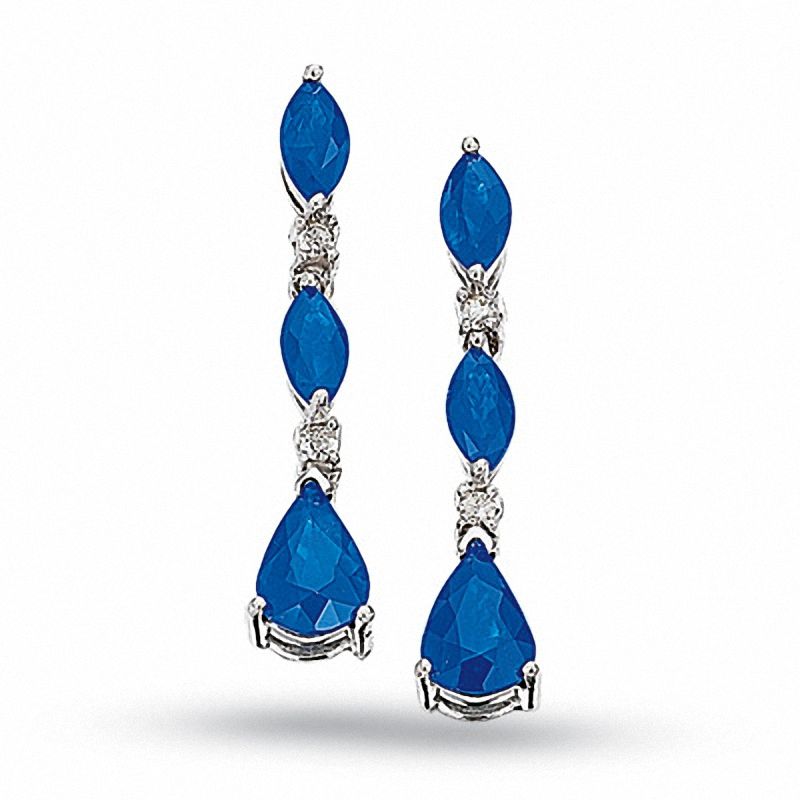 Pear-Shaped and Marquise Blue Sapphire Dangle Earrings in 10K White Gold with Diamond Accents
