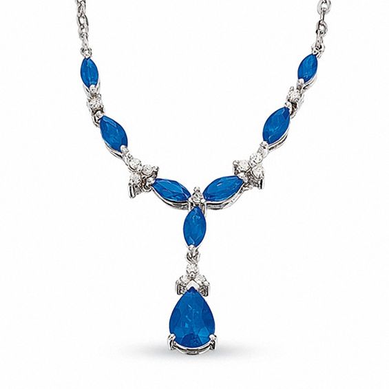 Pear-Shaped and Marquise Blue Sapphire Necklace in 10K White Gold with Diamond Accents