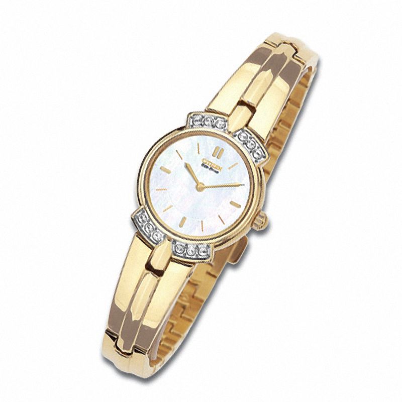 Ladies' Citizen Eco-Drive® Silhouette Gold-Tone Bangle Watch with Crystal Bezel (Model: EW9012-59D)