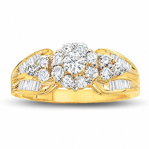 1 CT. T.w. Diamond Cluster Ring in 10K Gold with Baguette Diamond Accents