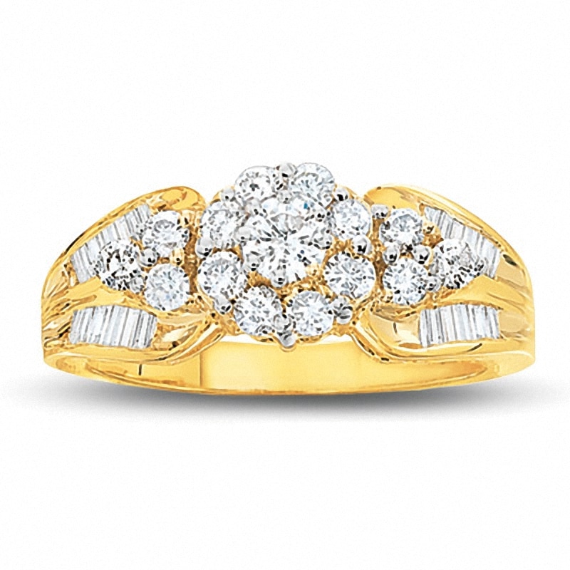 1 CT. T.W. Diamond Cluster Ring in 10K Gold with Baguette Diamond Accents