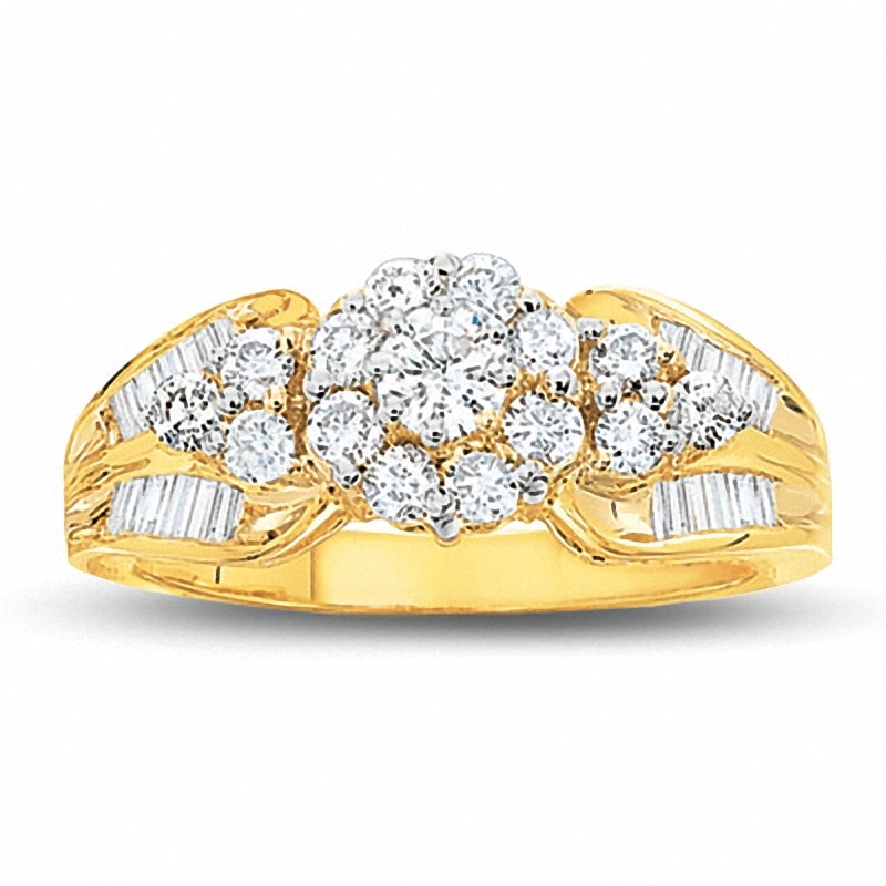 Main Image 1 of 1 CT. T.W. Diamond Cluster Ring in 10K Gold with Baguette Diamond Accents