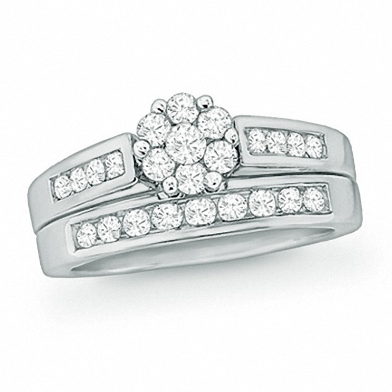 1/2 CT. T.W. Multi-Diamond Flower Bridal Set in 10K White Gold