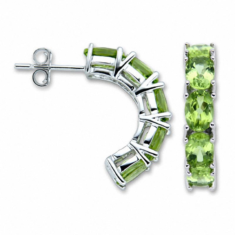 Main Image 1 of Sterling Silver Oval Peridot Half Hoop Earrings