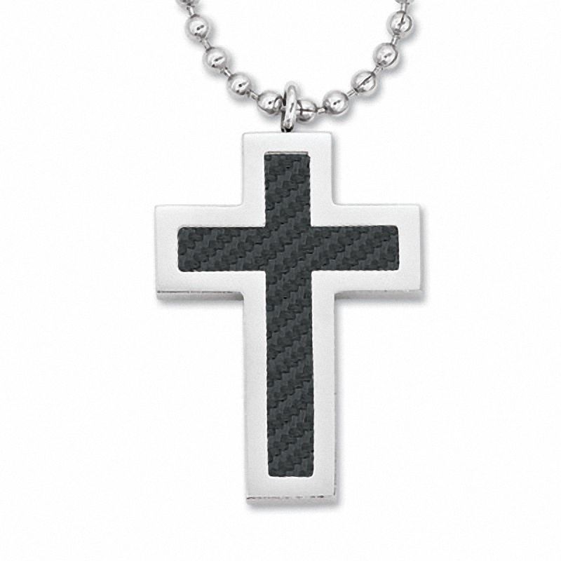Main Image 1 of Men's Stainless Steel Cross Pendant with Carbon Fiber Accents