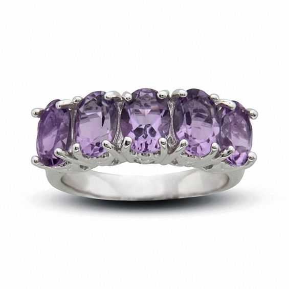 Sterling Silver Five Stone Oval Amethyst Fashion Ring