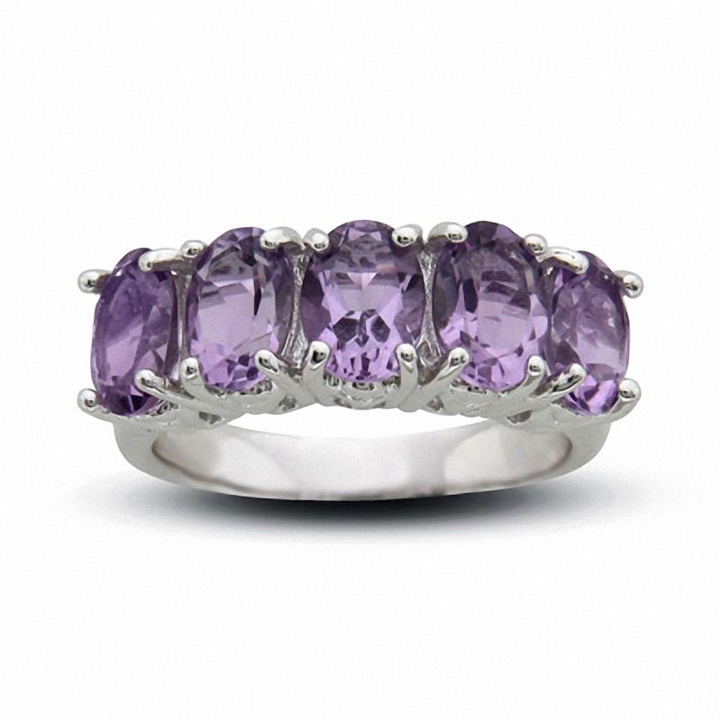 Main Image 1 of Sterling Silver Five Stone Oval Amethyst Fashion Ring