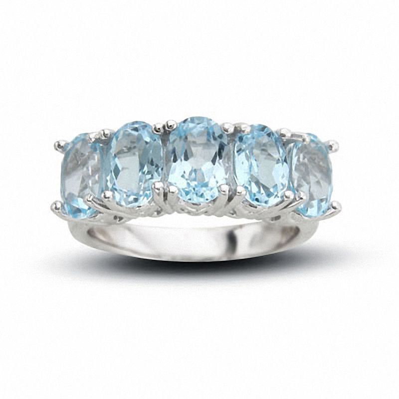 Sterling Silver Five Stone Oval Blue Topaz Fashion Ring