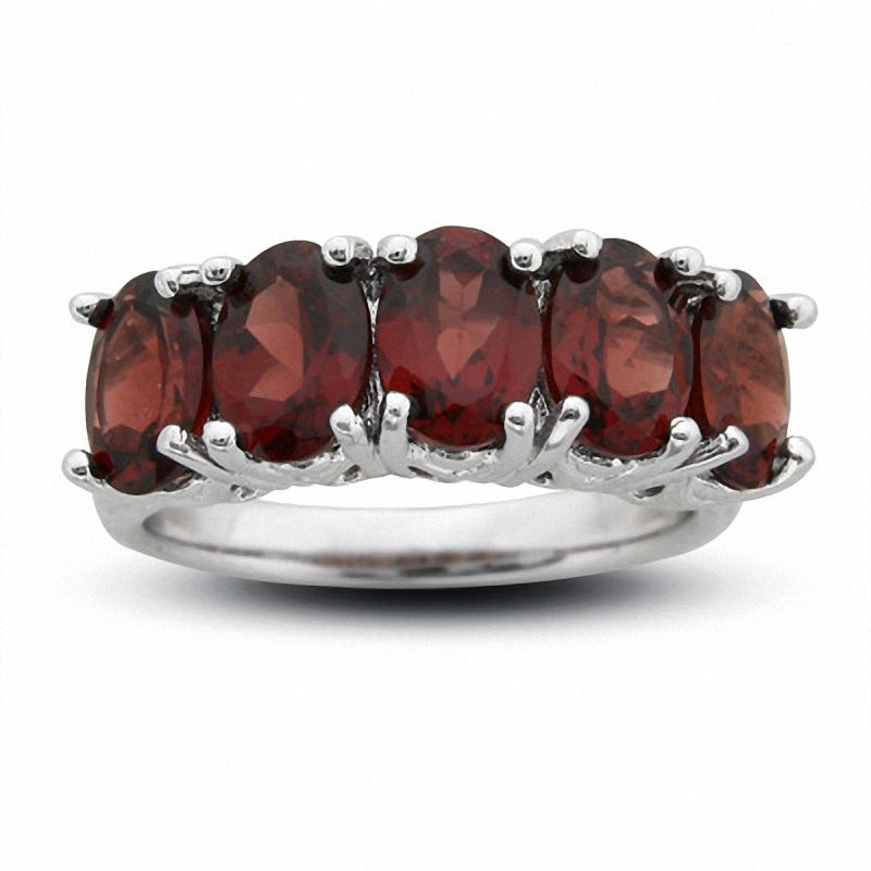 Main Image 1 of Sterling Silver Five Stone Oval Garnet Fashion Ring