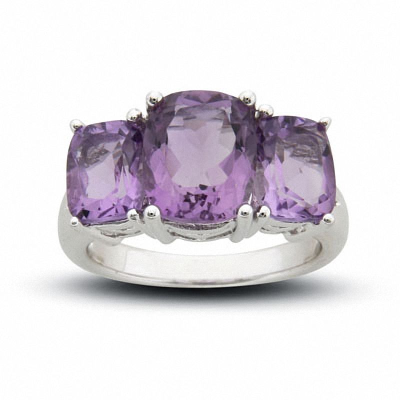 Cushion-Cut Amethyst Three Stone Ring in Sterling Silver