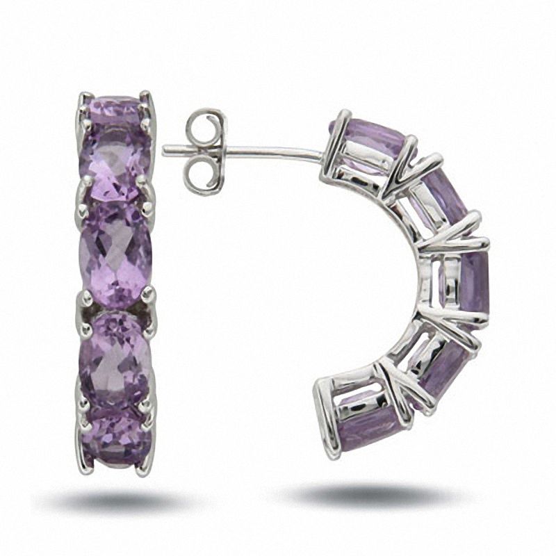 Sterling Silver Oval Amethyst Half Hoop Earrings