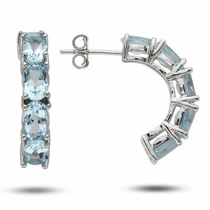 Main Image 1 of Sterling Silver Oval Blue Topaz Half Hoop Earrings