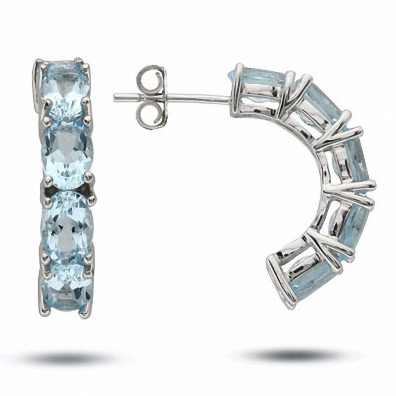 Sterling Silver Oval Blue Topaz Half Hoop Earrings