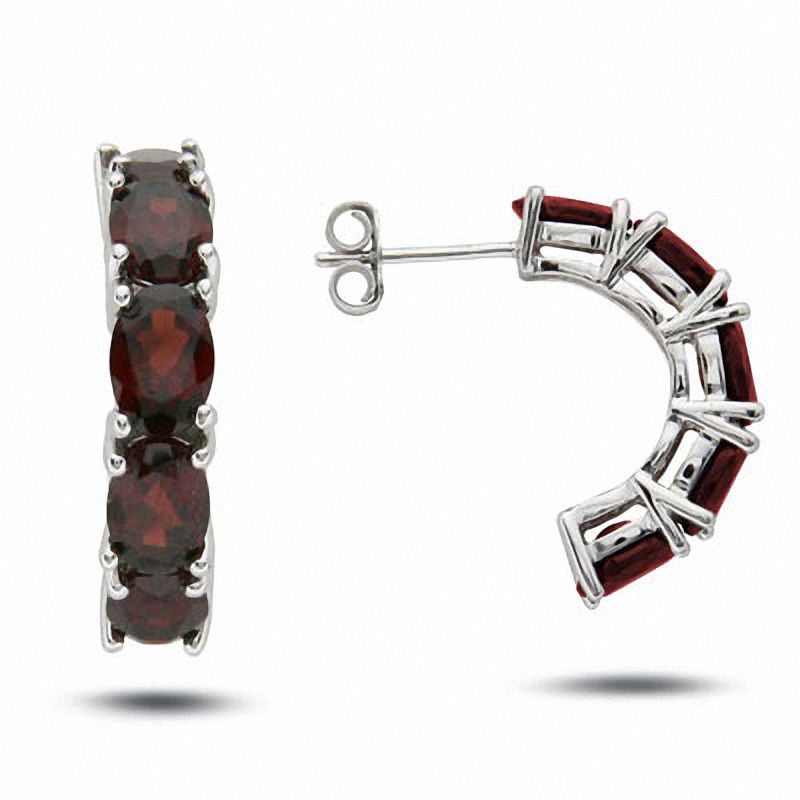 Main Image 1 of Sterling Silver Oval Garnet Half Hoop Earrings